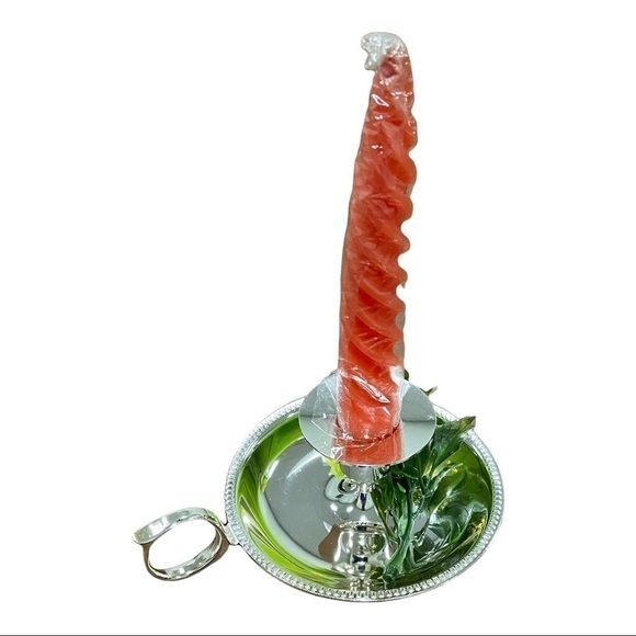 Silver plated MCM ringed handle candle holder faux holly sprig red spiral candle - Picture 3 of 4